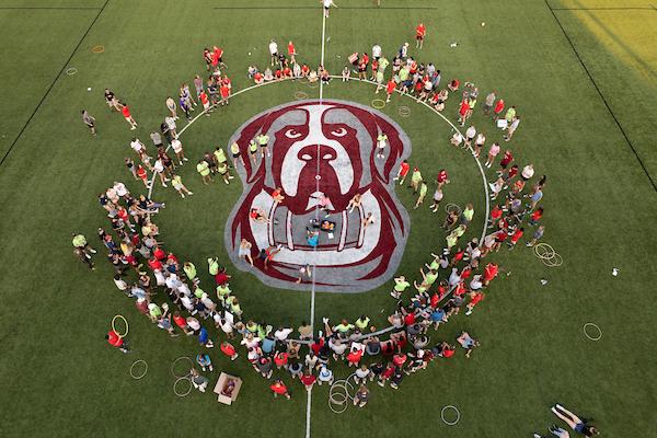 Aerial shot of students on the athletic field with a Nelson mascot logo